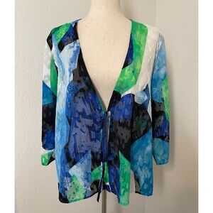 Chico’s Easywear Sheer Tie Front Blouse Size 2 (L) Blue Bold Abstract Artsy